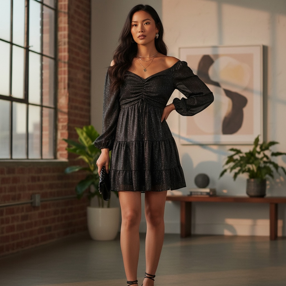 Altar'd State Black Shimmer Off-Shoulder Mini Dress S